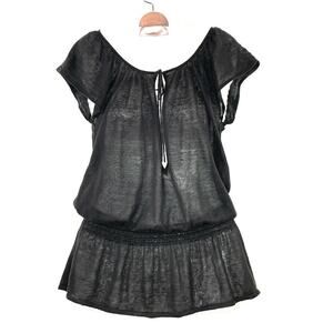 Theory Brown Linen Silk Top Elastic Peplum Waist Keyhole Tie Front Size Small